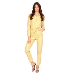 Damesjumpsuit In Geel Stretchkatoen Met Lange Mouwen F.A.M. Paris Doria
