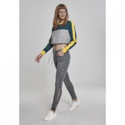 URBAN CLASSICS Woman's Urban Classic 3-tone Stripe Crew T-shirt -URBAN CLASSICS WINKEL tb1987 01324 tb1987 m12 01324grey jasper chrome yellow